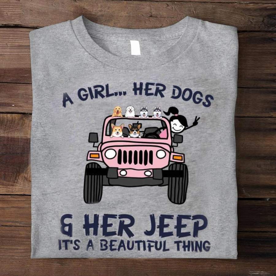 Personalized Custom Dog Breed T-shirt, A Girl Her Dogs Her Jeep It’s A Beautiful Thing Shirt, Dog Breeds Custom Shirt, Dog Lover Gift