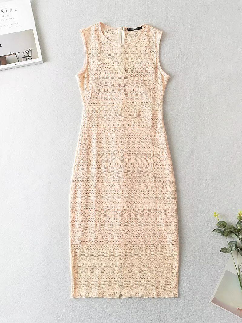 2022 Women Summer Beige Hollow Lace Fabric Slim Fashion Elegant Sleeveless Evening Dress alx