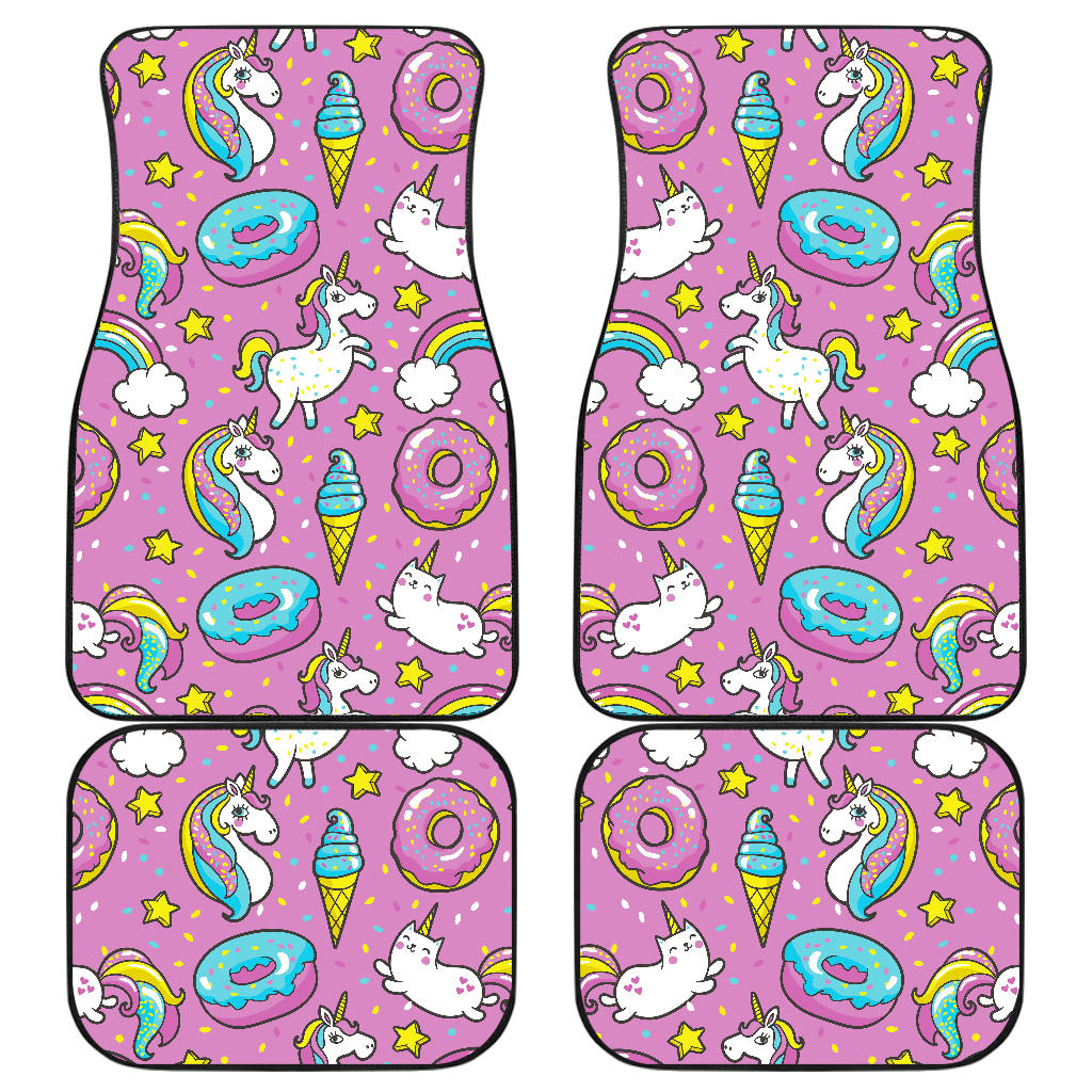 Pink Girly Unicorn Donut Pattern Print Front And Back Car Floor Mats, Front Car Mat