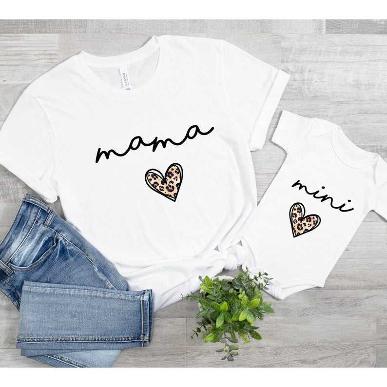 Mama And Mini Leopard Heart Outfit-Mommy And Me Matching Leopard Set-Mama And Mini T-Shirt And Baby Onesie