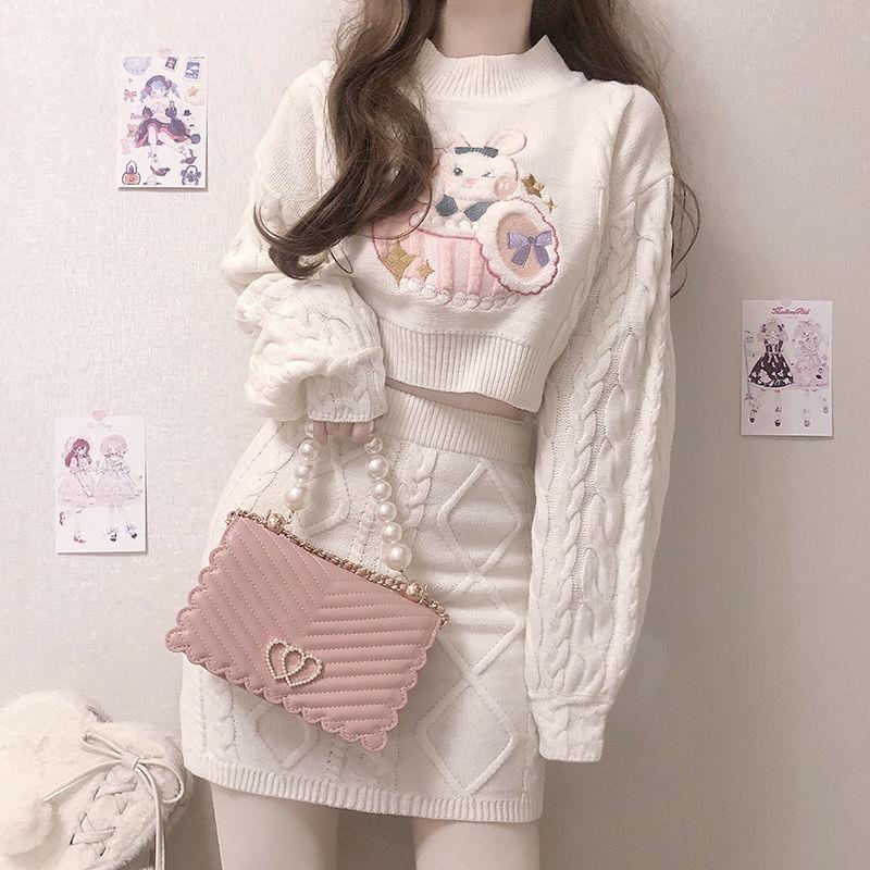 Sweet Women Sets Knitted O-Neck Full Sleeve Casual Crop Tops Kawaii Embroidery Sweaters Mini Knit Skirts Suit White Outfit Girls alx