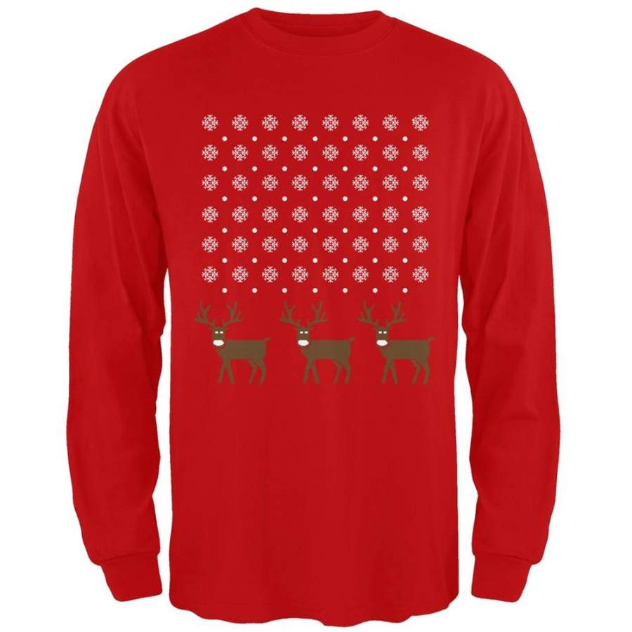 Snowflake and Reindeer Ugly Christmas Red Adult Long Sleeve T-Shirt