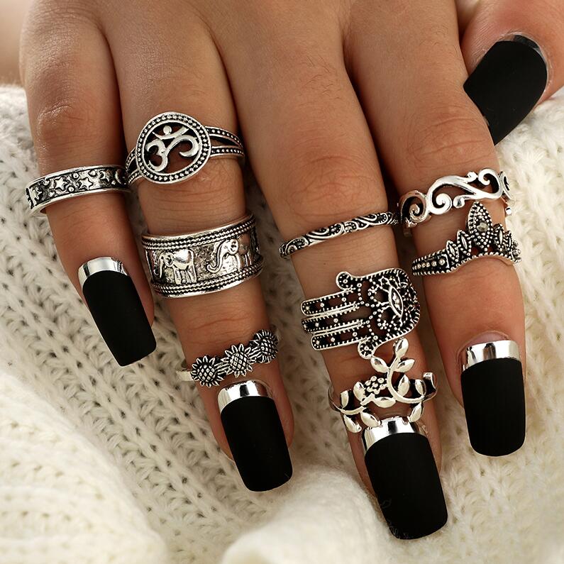 Tocona 9pcs/set Boho Midi Finger Rings Set for Women Punk Elephant Flower Hollow Out Sliver Knuckle Rings Jewelry Gift 4618 alx