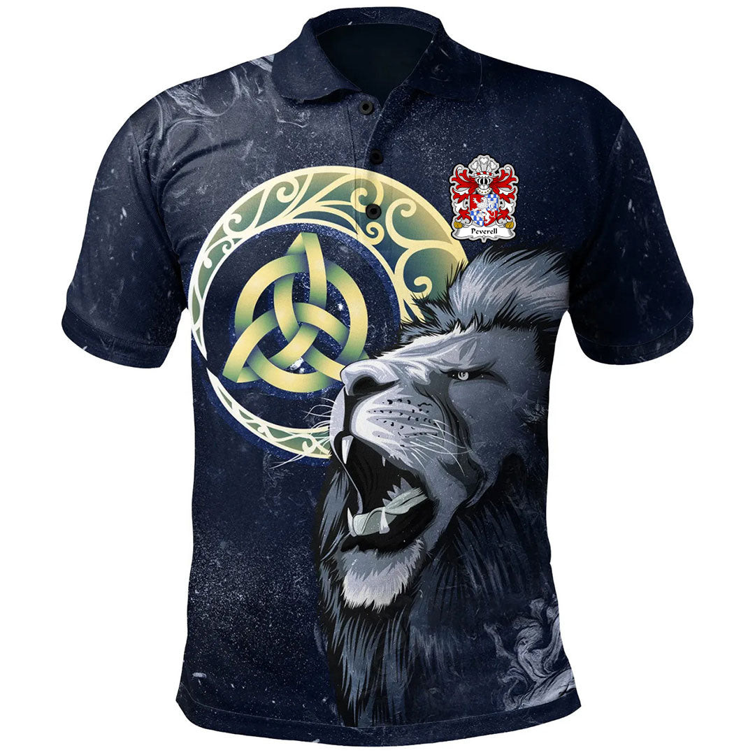 1Sttheworld Wales Polo Shirt – Peverell Of Pembrokeshire Welsh Family Crest Polo Shirt – Lion & Celtic Moon – Golf Shirt A7