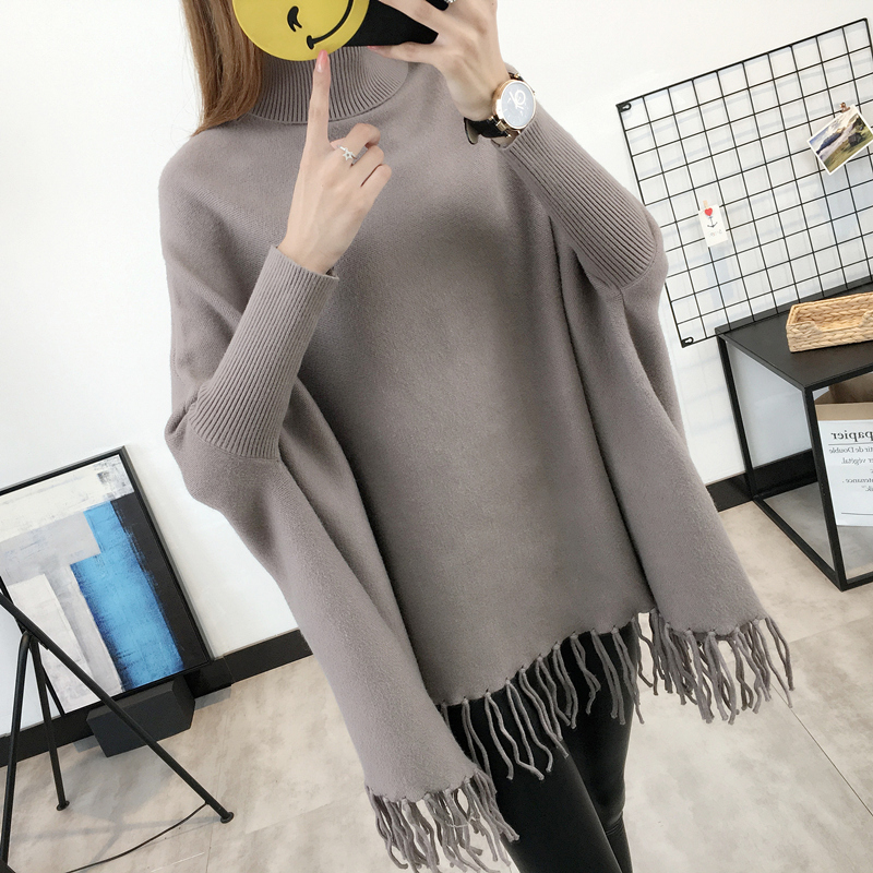 2021 Women Pullovers and Sweaters Loose Tassel Soft Shawl Poncho Women Turtleneck Sweater Bat Long Sleeve Pullover Sweater alx