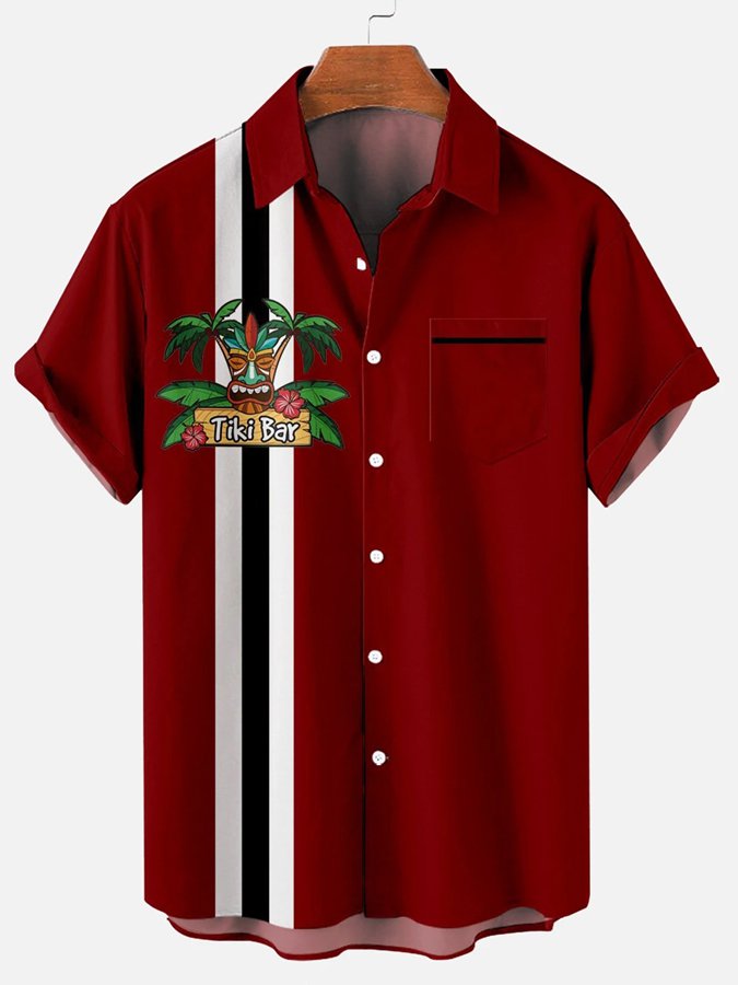 Men’S Vintage Bowling Shirt Tiki Bar Red Cotton Blend Short Sleeve ...