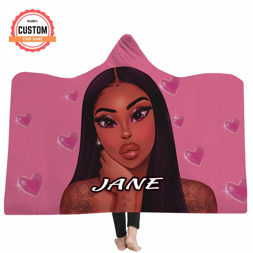 Pink Heart Elegant Black Girl Custom Name Hooded Blankets