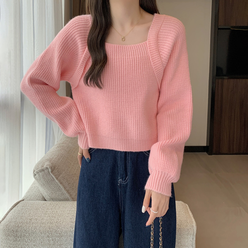 Women Pullovers Elegant Ladies Spliced Designed Solid Color Tender Square Collar Sweaters Retro Puff Sleeve Knitwear Cropped Top alx