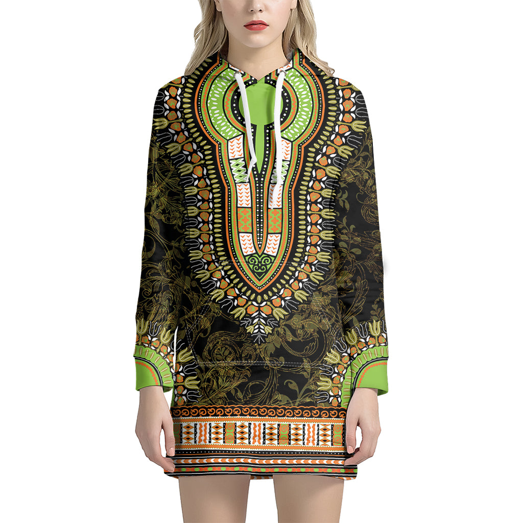 Orange And Black African Dashiki Print Women’S Pullover Hoodie Dress