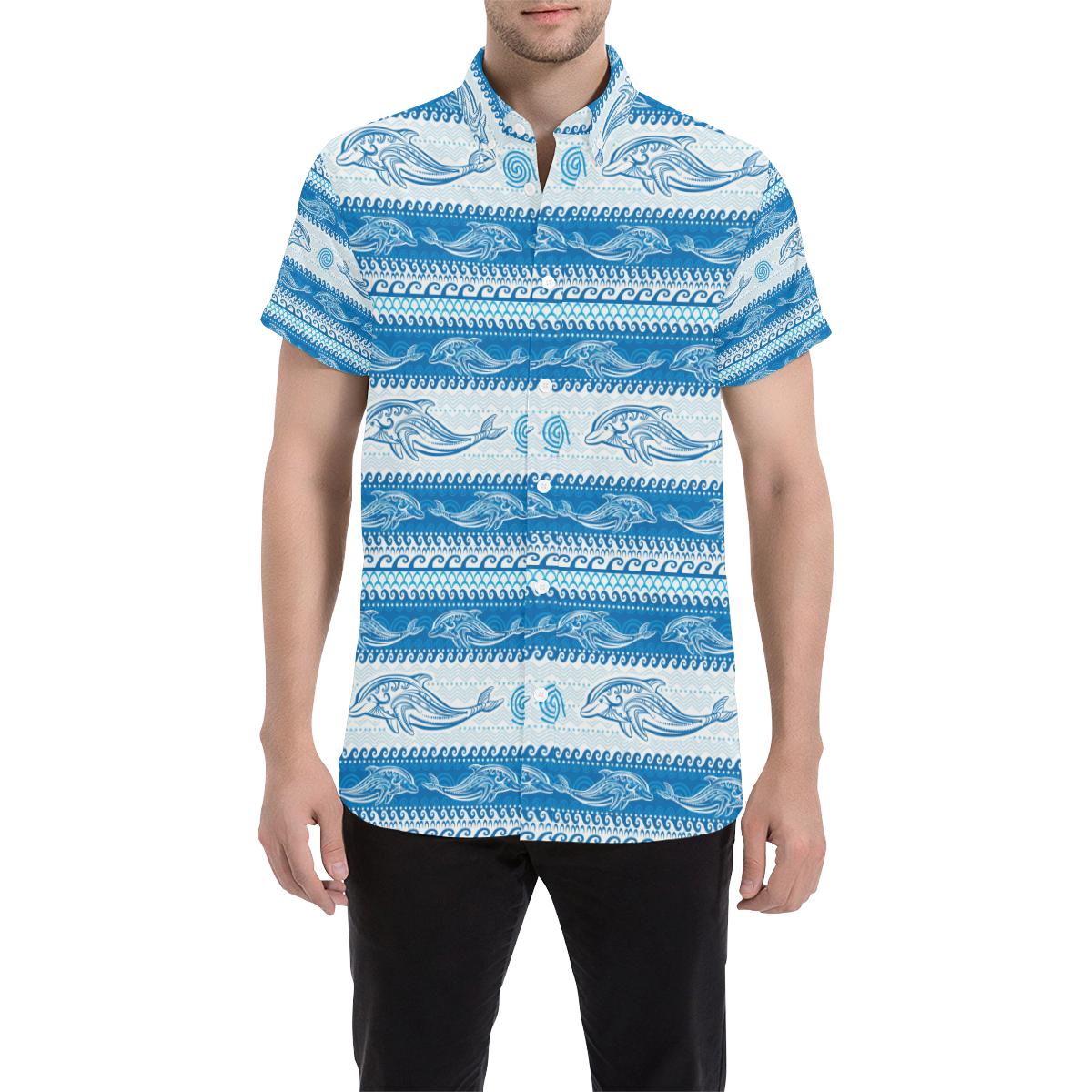 Dolphin Tribal Print Pattern Men Button Up Shirt