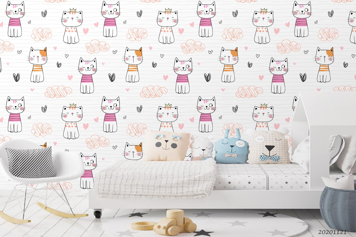 3D Cartoon Hand Drawn Colorful Cat Animal Heart Wall Mural Wallpaper Lxl