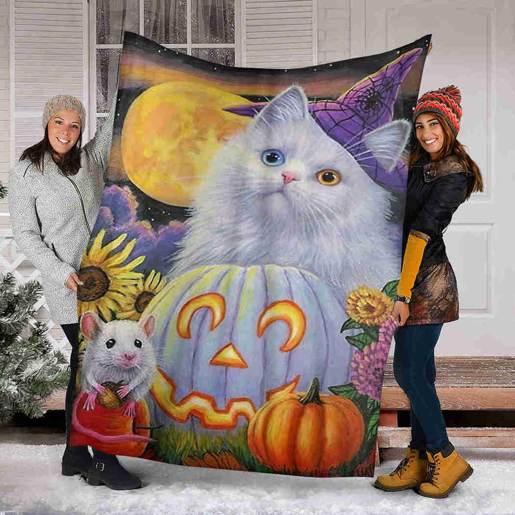 White Cat And Pumpkin Halloween Sofa Fleece Throw Blanket | Halloween Gifts