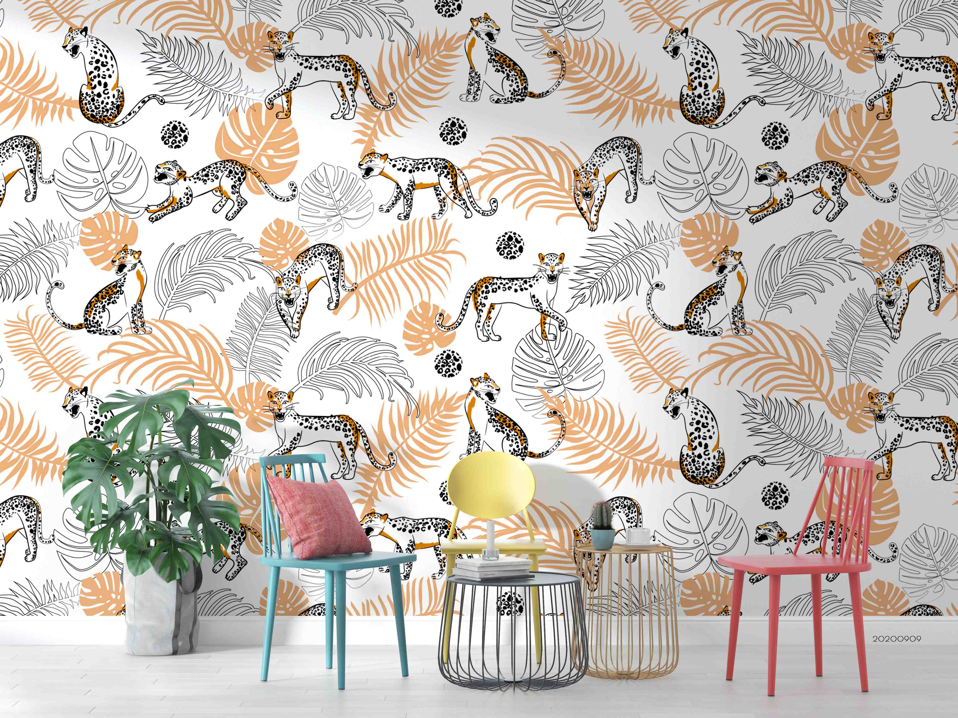 3D Leopard Animal Orange Leaves Plant Wall Mural Wallpaper Lxl