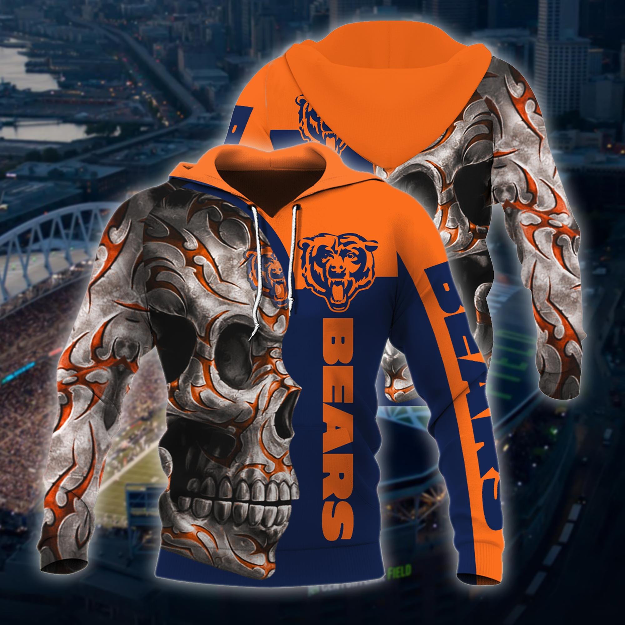 Chicago Football Hoodie, Chicago Football Skull Tattoo Hoodie, American Football Hoodie, Unisex, Hoodie, Zip Hoodie Fashion24Hs
