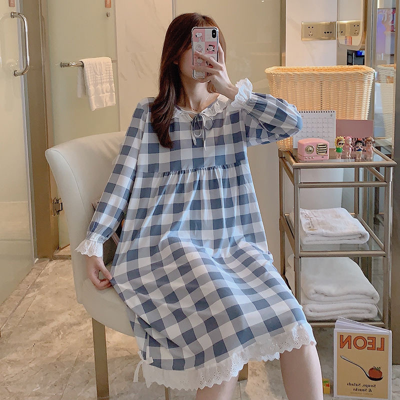 2021 Lace Bow Nightdress For Women Plaid Night Dress Female Causal Long Sleeved Homewear Ladies Cute Loose Cotton Nightgowns alx