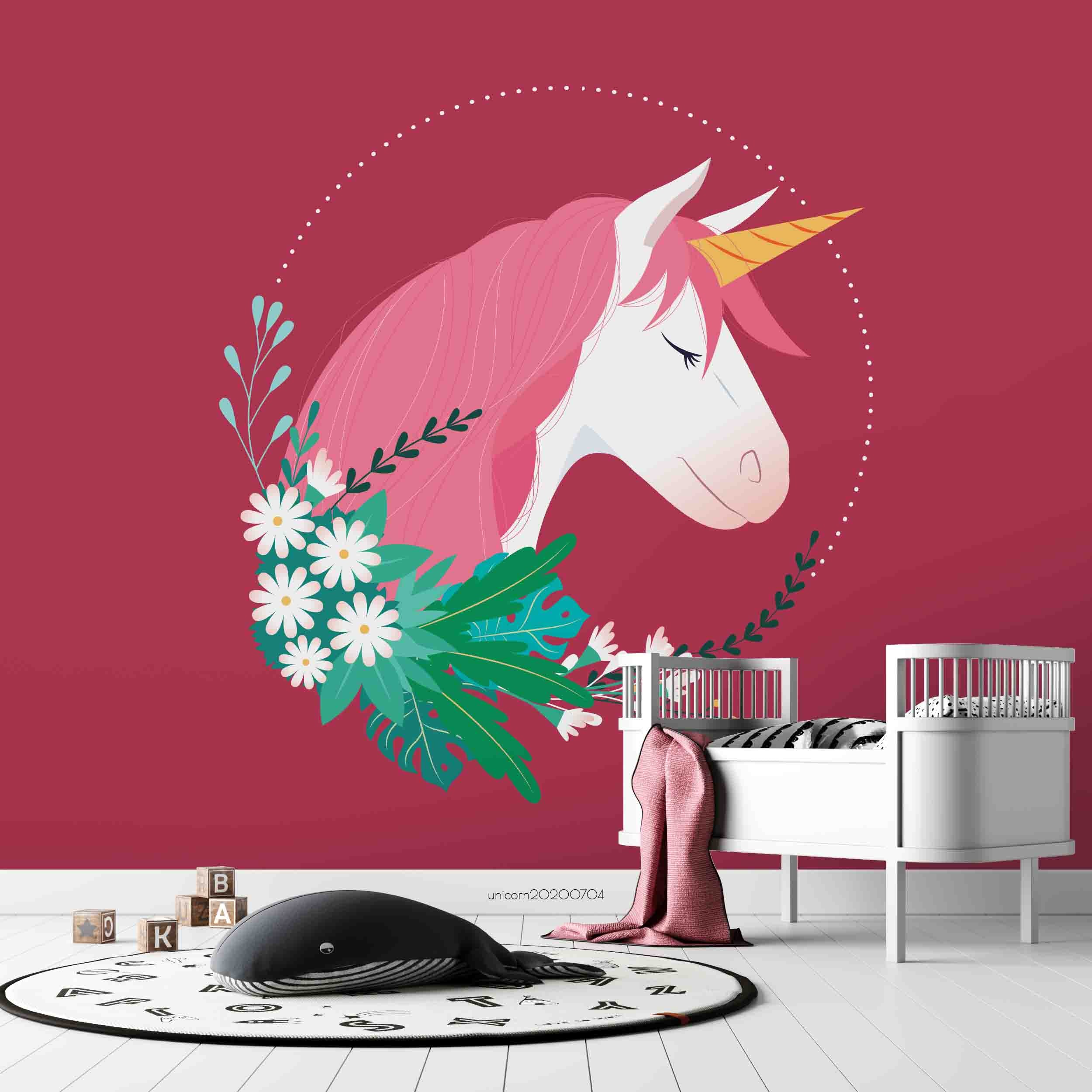 3D Cartoon Floral Ring Unicorn Pink Wall Mural Wallpaper Lxl 232