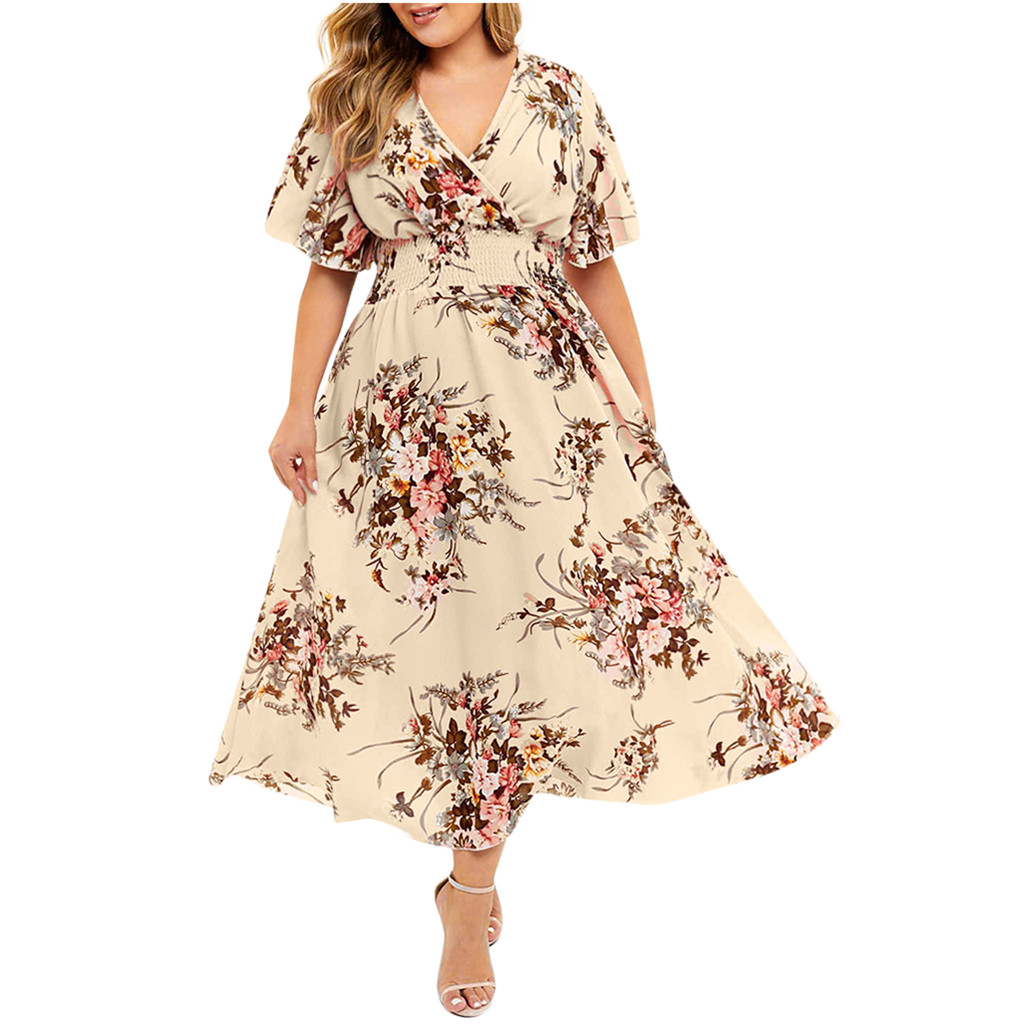 38# 2020 Women Summer Dress Boho Style Floral Print Chiffon Beach Dress Tunic Sundress Loose Party Dress Plus Size 5xl alx