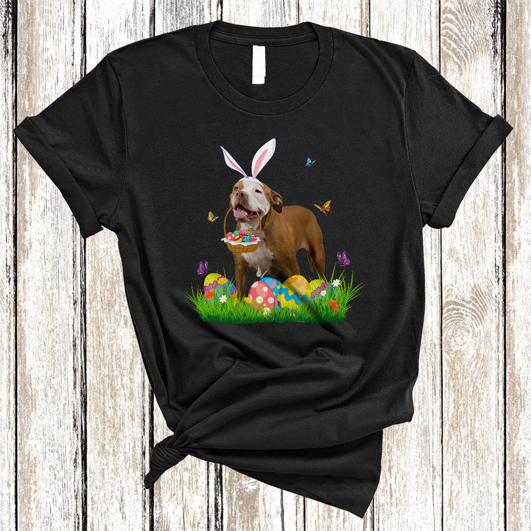 Bunny Pit Bull With Easter Egg Basket Cute Easter Butterfly Flower Egg Hunt Dog Lover Gifts T-Shirt