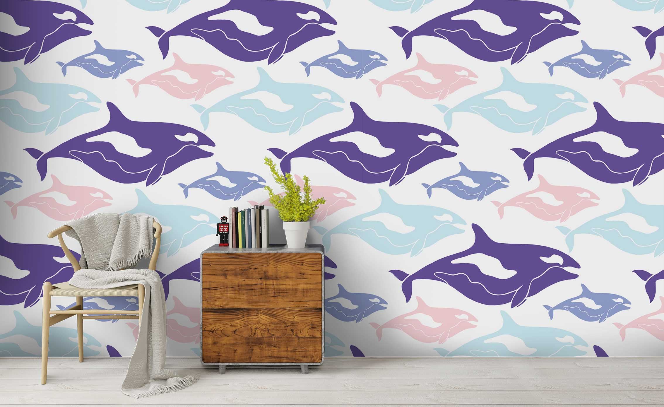 3D Freehand Sketching Colorized Whales Violet Pink Wall Mural Wallpaper Zy D71