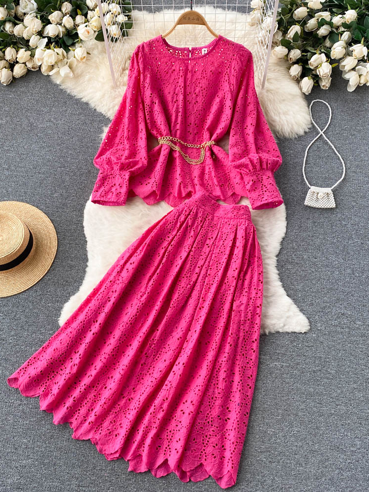 Autumn Women Hollow Out Lace Two Piece Set Vintage Rose Red/Blue/White O-Neck Lantern Long Sleeve Blouse + High Waist Skirt Suit alx