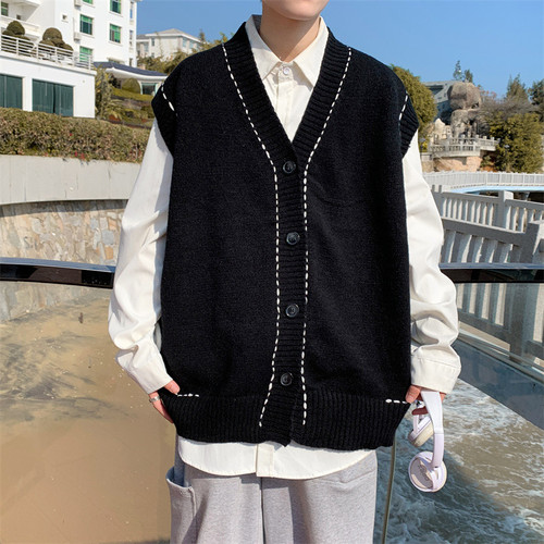 Black Sleeveless Cardigan Men Sweater All-match Japanese Retro Handsome High Street Button Up Clothing Design Baggy Students Ins alx