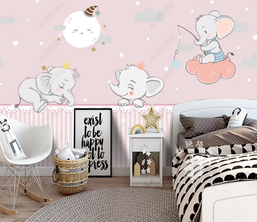 3D Cartoon Pink Animal Elephant Wall Mural Wallpaper Lqh 192