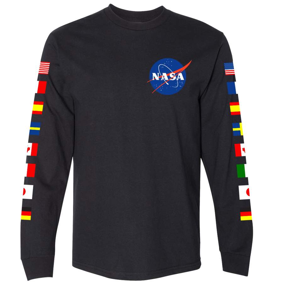 NASA Astronaut Group 16 Black Long Sleeve T-Shirt with Flags on Sleeves