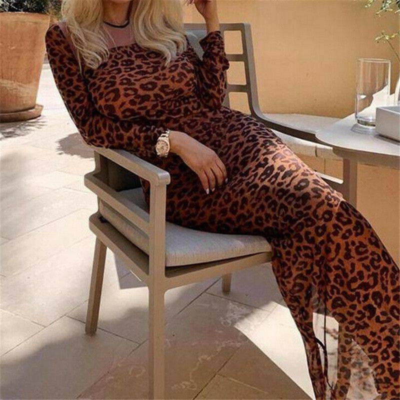 New Long Sleeve Mesh Patchwork Leopard Dress