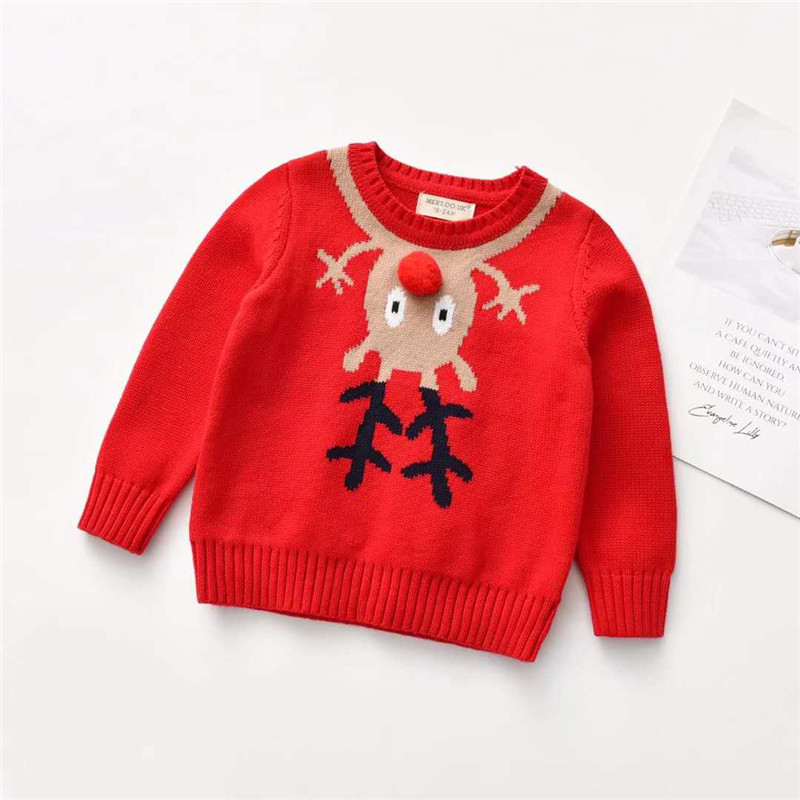 Toddler Christmas Sweater Tops Baby Cartoon Deer Long Sleeve Round Neck Knitted Pullover with Pompom Autumn Winter Clothes alx