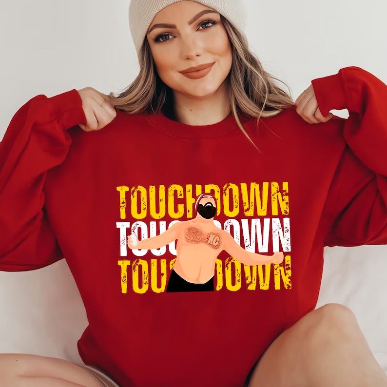 Chiefs – TOUCHDOWN – Jason Kelce Shirt, KC over heart, Let’s Go Chiefs Tee, Super Bowl, Kansas City Chiefs