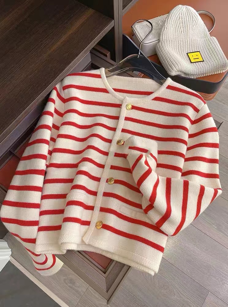 Women Autumn Winter Sweaters O-neck Stripe Knitted Cardigan Fashion Long Sleeve Casual Short Tops Korean Style New alx