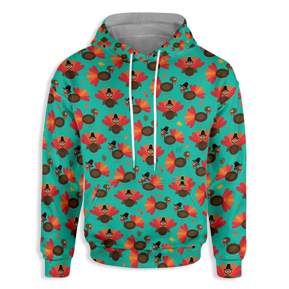 Thanksgiving Turkey Pattern All Over Print Hoodie, Cute Green Turkey Hoodie For Men And Women