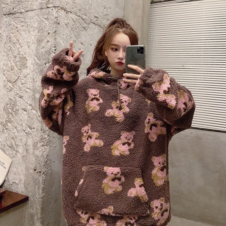 College wind small woolen cute bear lady hoodie loose plus velvet kawaii sweatshirt plus size women’s blouse super Dalian hoodie alx