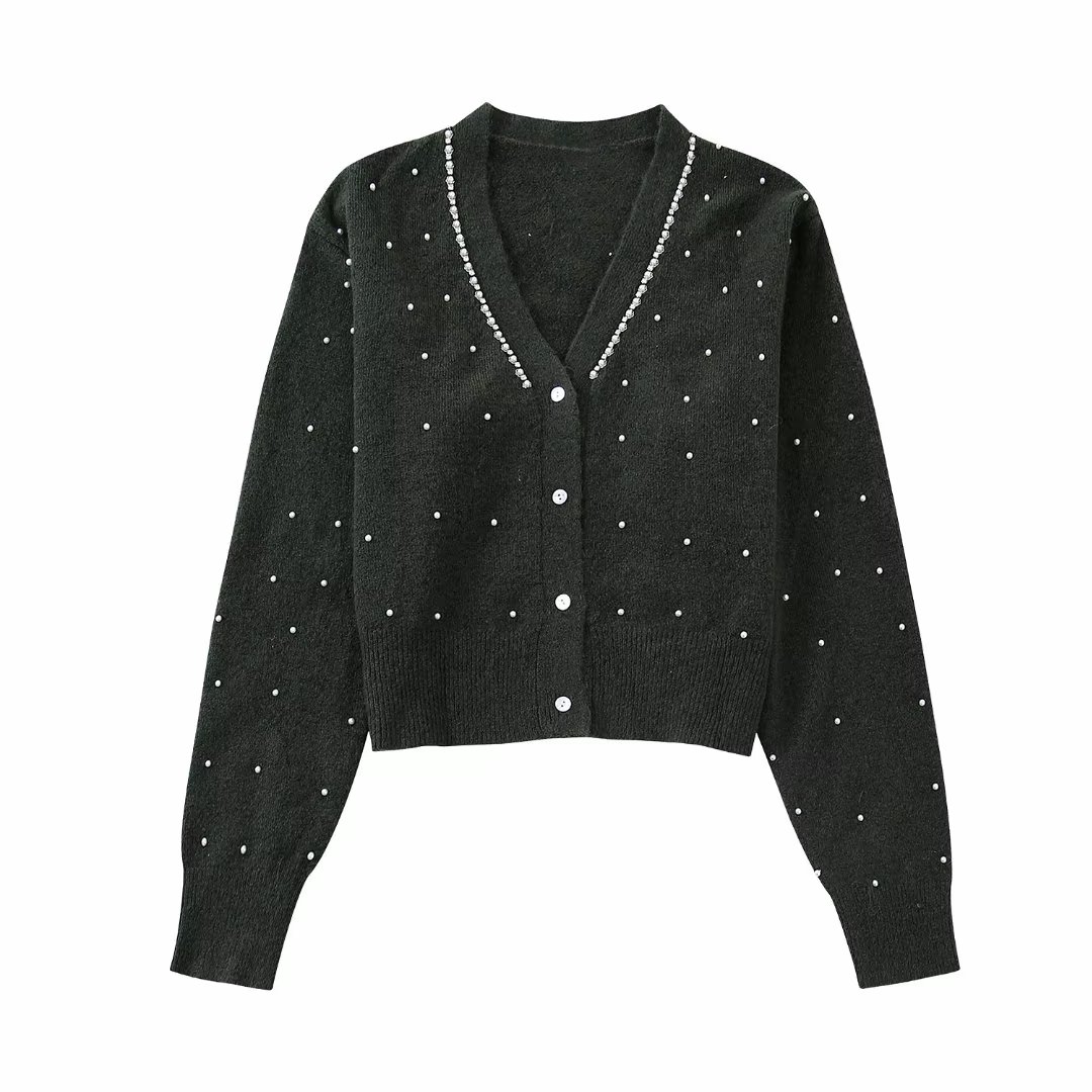 TRAF Women Fashion Fall New V-neck Artificial Pearl Sweet Lapel Wool Cardigan Sweaters Chic Female Soft Warm Knit Coat Mujer alx