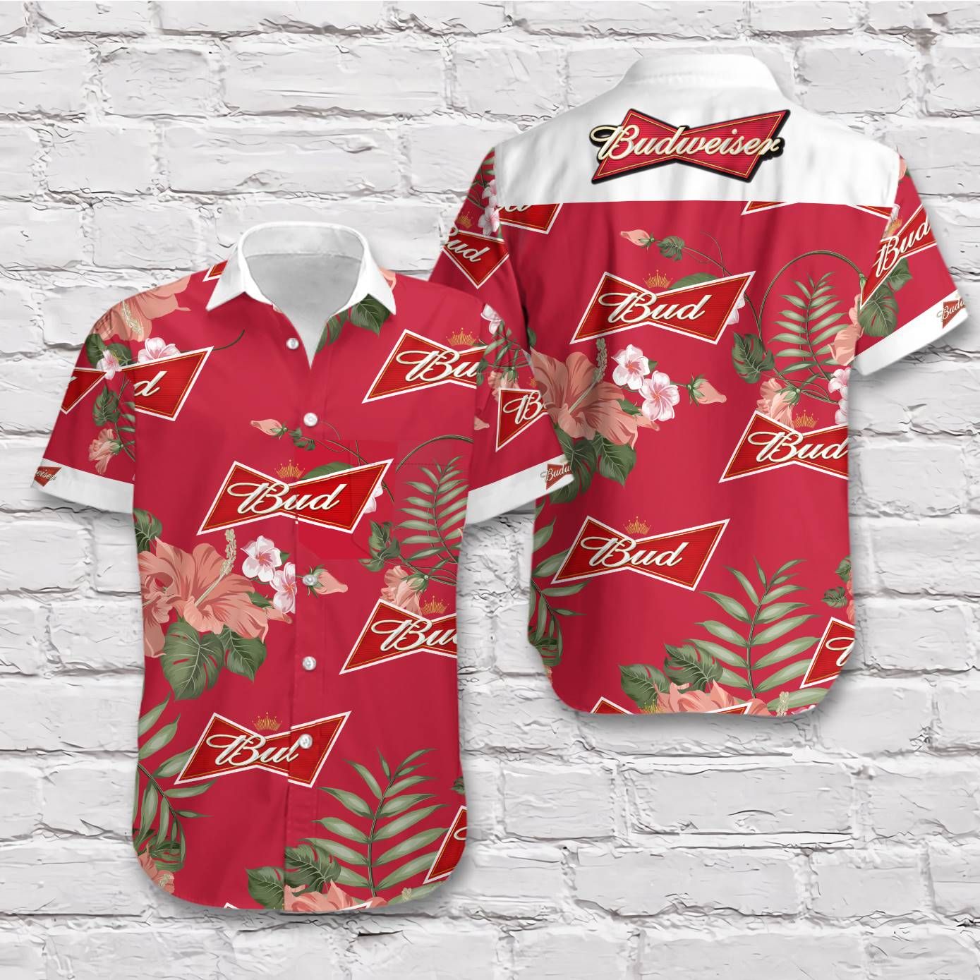 Beer Hawaiian Shirt Budweiser Logo Tropical Hibiscus Flower Red Aloha Ha12082