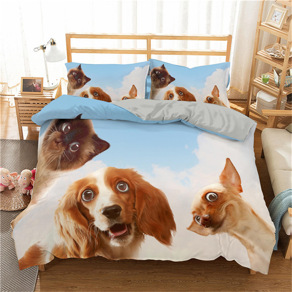 3D Cat Dog Heart Printed Bedding Set Puppy Pets Duvet Cover Pillowcase Queen King Quilt Cover (No Filling No Sheet)