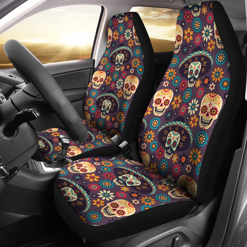 Sugar Skulls Flower Maxican Pattern  Universal Fit Car Seat Covers