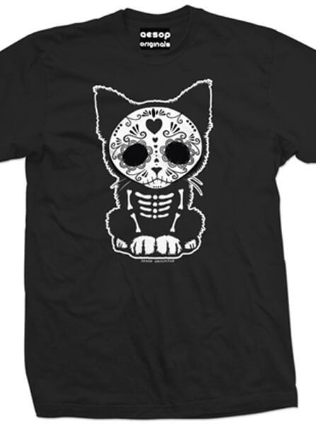 Men’S Day Of The Dead Sugar Skull Kitten Cat Tee By Aesop Originals