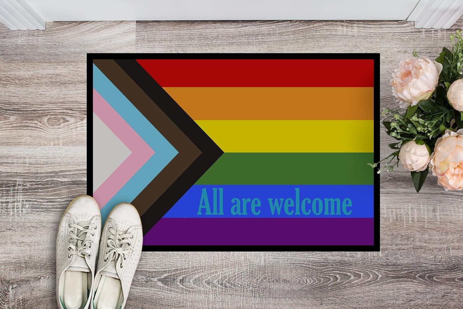 Gay Pride Progress Mat Pride All Are Welcome Door Mat, Indoor Rug Or Outdoor Welcome Mat 24X36 Lgbt Doormat