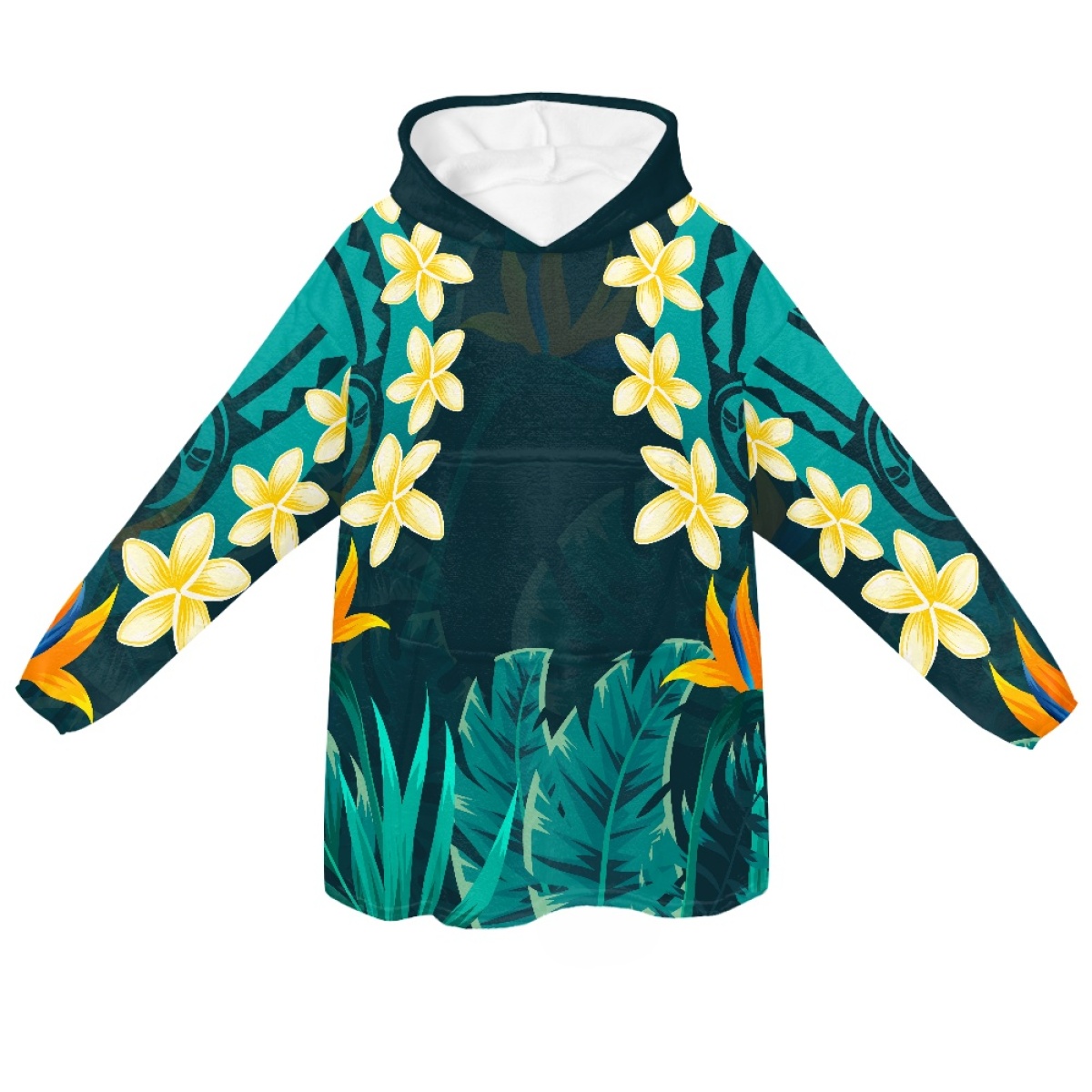 TOADDMOS Polynesian Tropical Leaves Large Hooded Hoodie Blanket Hibiscus Plumeria Pullover Sherpa Comfy Throw Blanket Sweatshirt alx