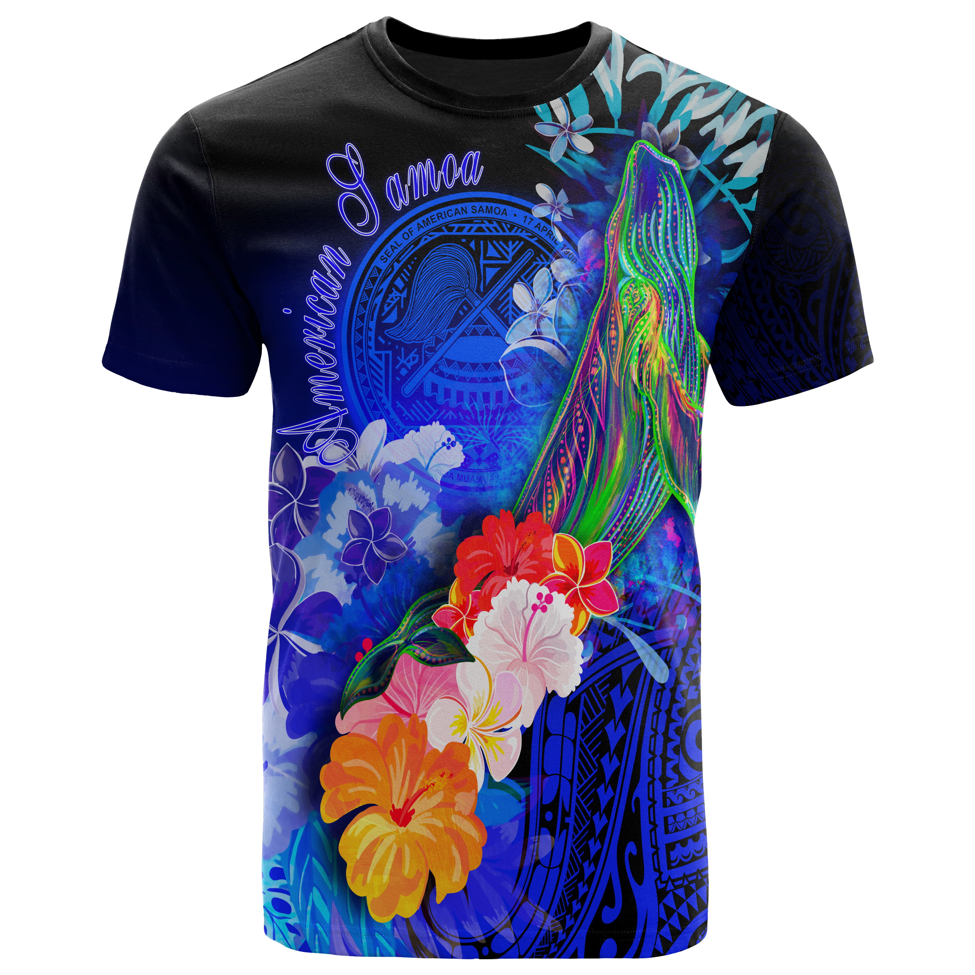 American Samoa Polynesian T-Shirts – Humpback Whale with Tropical Flowers (Blue)- BN18