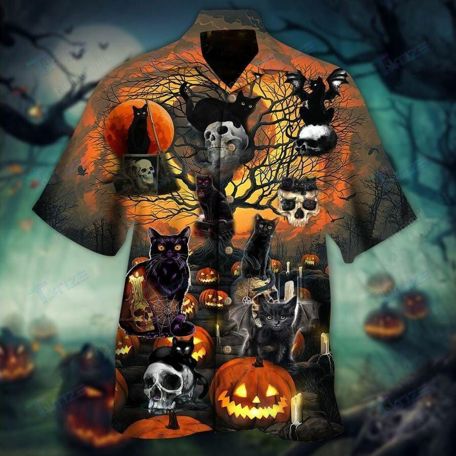 Black Cat Skull Halloween All Over Printed Hawaii Shirt Size S Ha109531