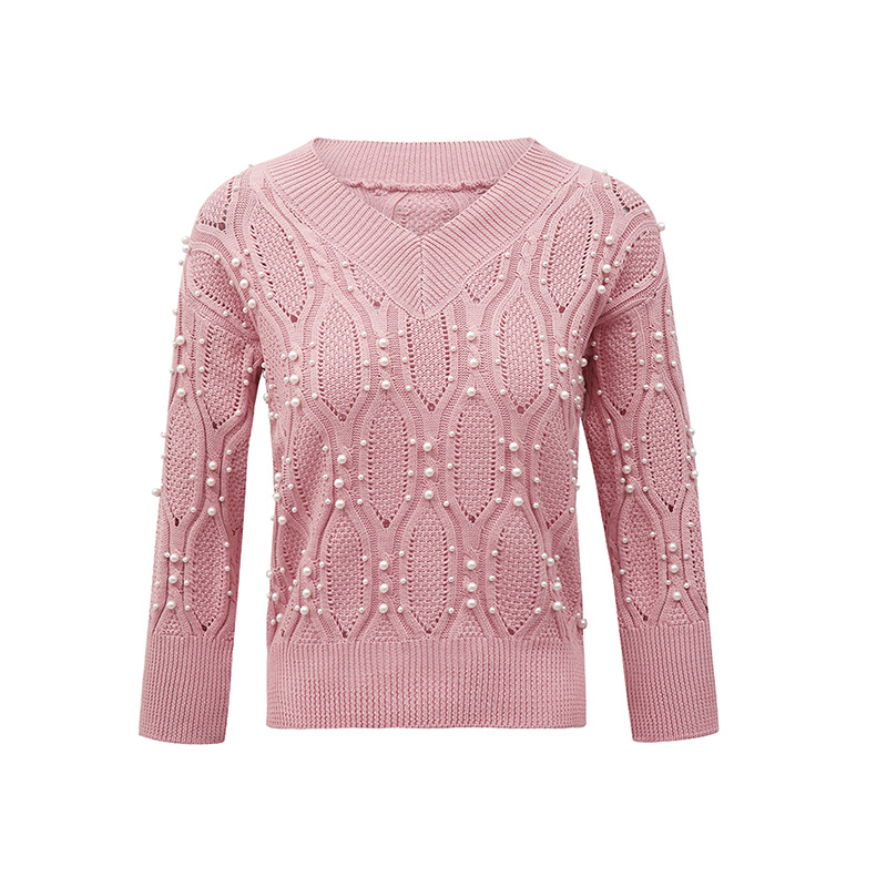 Women Sweater with Faux Pearls Long Sleeve V-neck Knitted Pullover Jumpers Tops for Spring Autumn Female Ladies Fashion 2021 New alx