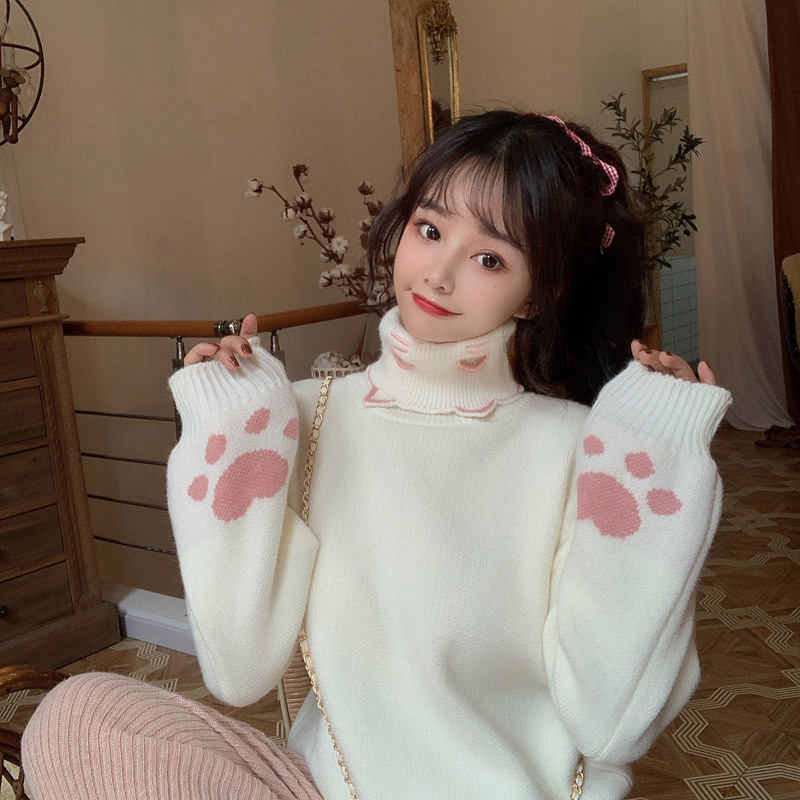 Sweet Lolita Cat Embroidered Loose Turtleneck Sweater Women’s Knitwear Coat Japanese Kawaii Ulzzang Female Harajuku Pullovers alx