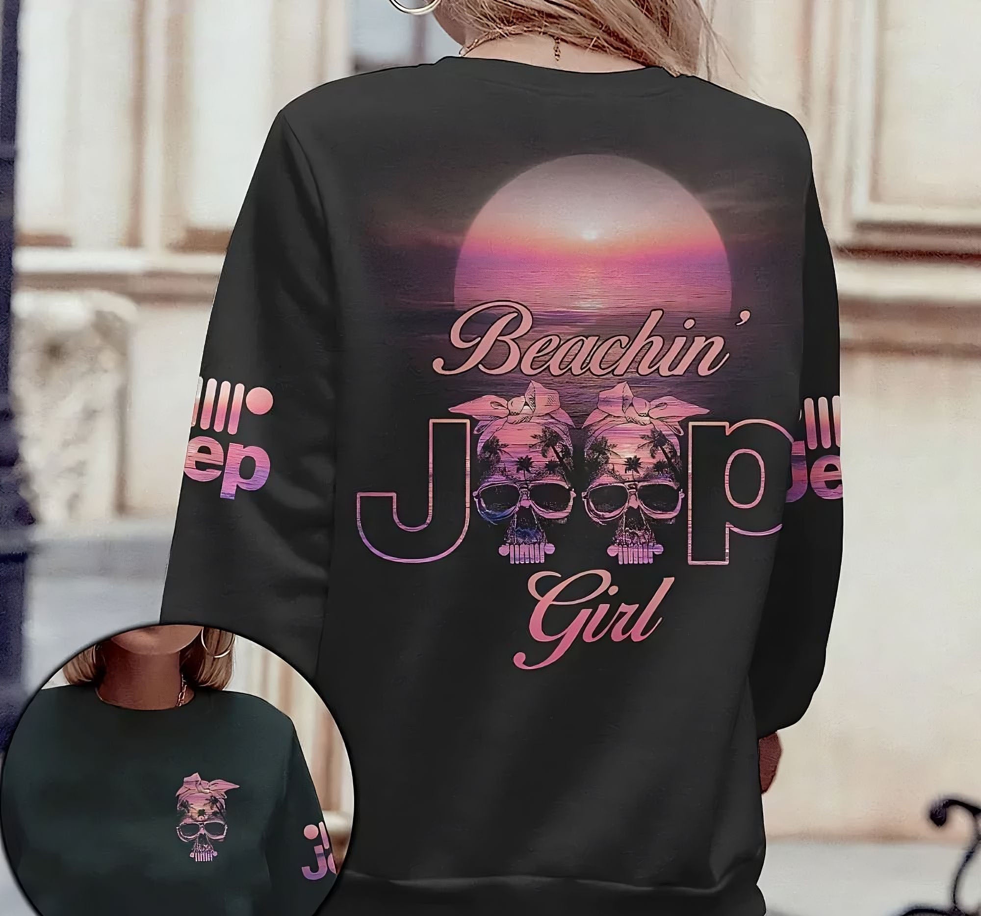 Beachin’ Jeep Girl Skull All Over Print Sweatshirt