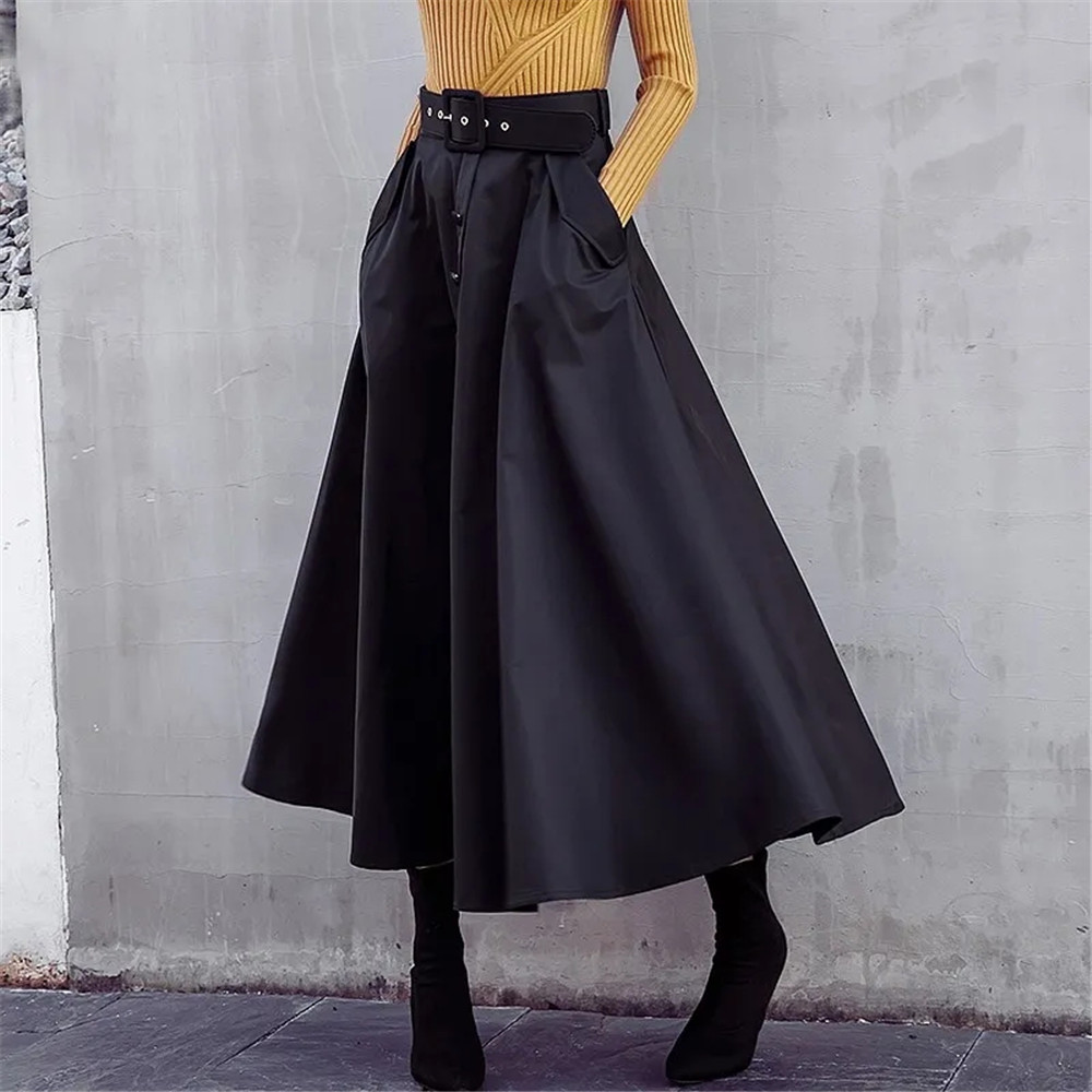 Black High Waist Skirt With Belt Mom Autumn Chic Single Breasted Pleated Long Maxi Skirt Women Korean Big Swing Umbrella Skirts alx