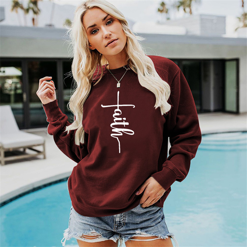 Autumn and winter women’s jacket long-sleeved sweater loose casual Christian pattern printing Faith crew neck sweatshirt alx