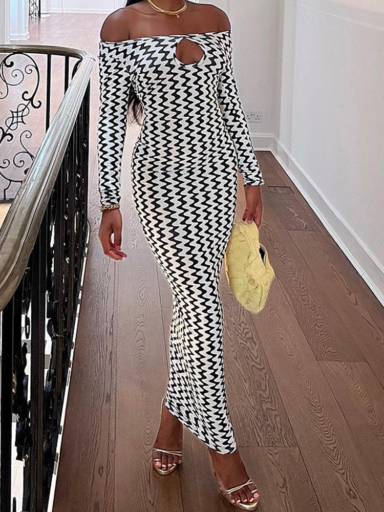 Tawnie Striped Print Off Shoulder Cut Out Maxi Dress Women 2022 Fall Elegant Sexy Bodycon Festival Long Sleeves Party Dresses alx