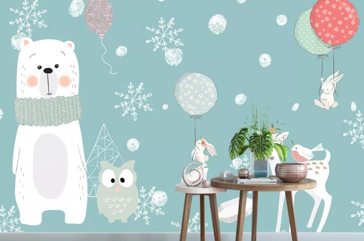 3D Cartoon Animal Bear Owl Snowflake Balloon Wall Mural Wallpaper Lqh 573