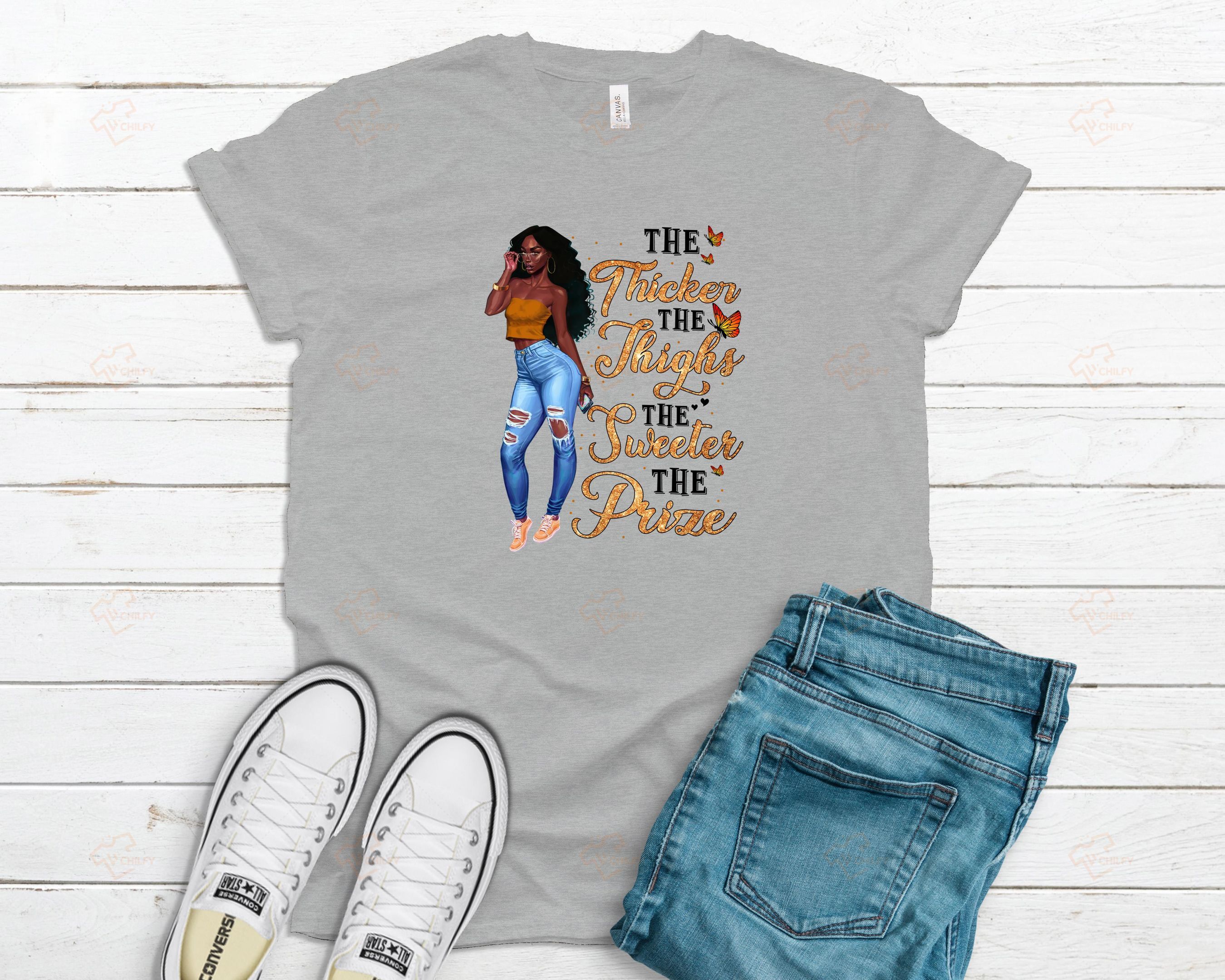 The thicker the thighs the sweeter the prize shirt, Black girl shirt